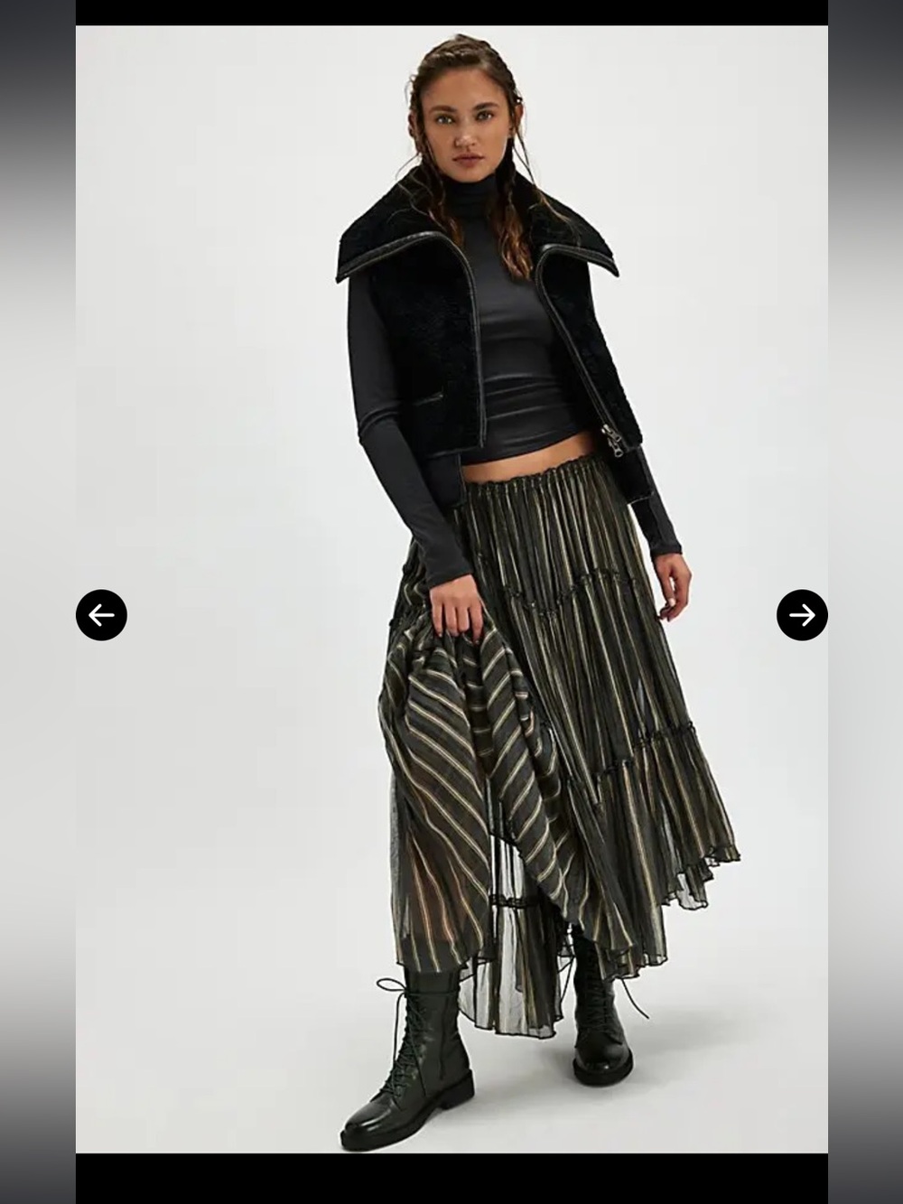 Striped Tiered Maxi Skirt in Black and Olive Stripe